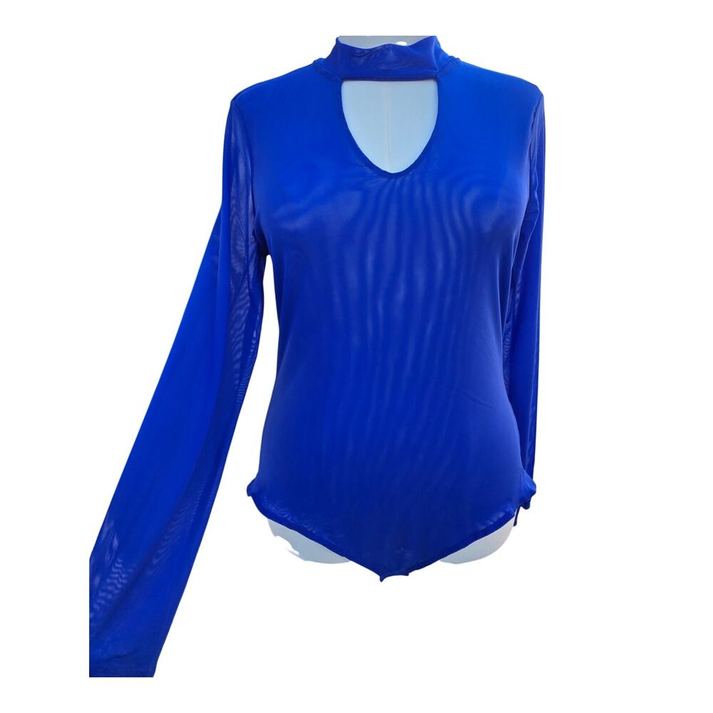 Iris 2X Royal Blue Sheer Mesh Keyhole Bodysuit NWOT